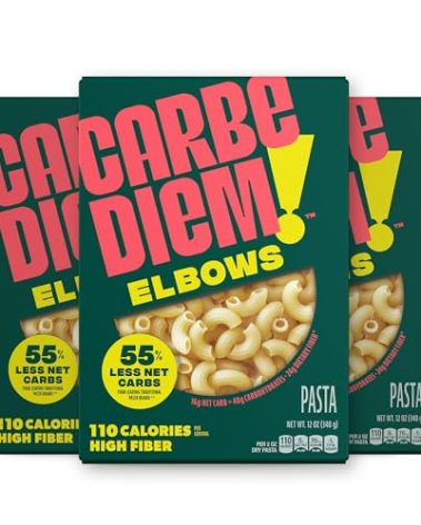 Carbe Diem!, Elbows, Lower Net Carb Pasta with Traditional Flavor & Texture, 55% Fewer Net Carbs & Only 110 Calories Per Serving, Pack of 3