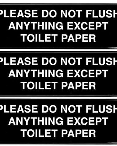Excello Global Products Please Do Not Flush Anything Except Toilet Paper Sign: Easy to Mount Informative Plastic Sign with Symbols 9"x3", Pack of 3 (Black)