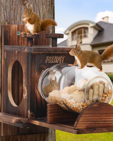 Squirrel Feeder, Large Squirrel Feeders for Outside, Durable Squirrel House, Wooden Chipmunk Feeder for Corn Peanuts with Removable Storage Bottle, 2 Stable Squirrel Stools