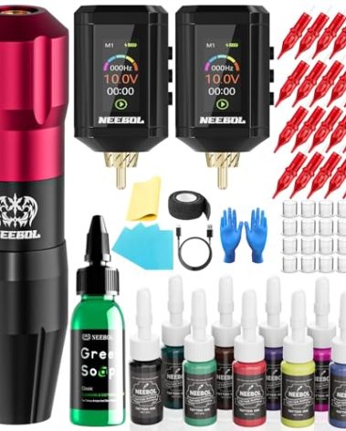 Neebol Wireless Tattoo Kit - Complete Set with 2 Color-Display Power Supplies, 20 Needles, 10 Inks - Professional Tattoo Machine for Beginners