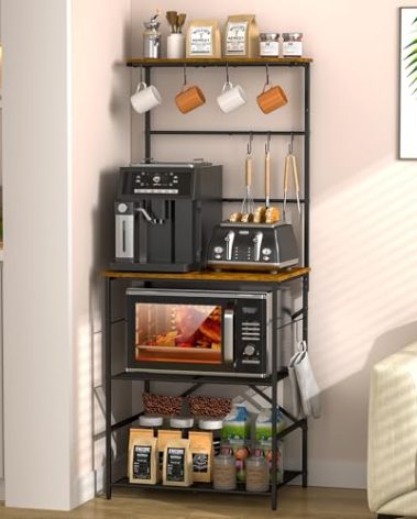 4 Tier Coffee Bar Station, Kitchen Stand with 8 S-Shaped Hooks, Large Space Coffee Station Table, Farmhouse Coffee Bar Shelf, Bakers Rack for for Kitchen, Living Room, 23.62" W x 15.74" D x 57.13" H