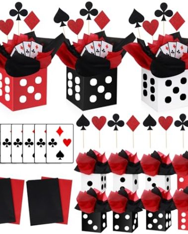 WinnerWhy 8 Sets Casino Party Decorations Themed Table Centerpieces Casino Night Table Party Toppers with White, Black, Red Dice Box Poker Cutouts and Sticks for Night Decor Birthday