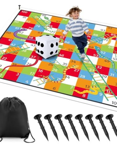 Realspring 9.8 ft Giant Snakes and Ladders Game Playing Mat with 6 Nails 14 Inch Inflatable Dice and Storage Bag Floor Snake and Ladder Board Game Big Size for Both Indoor and Outside