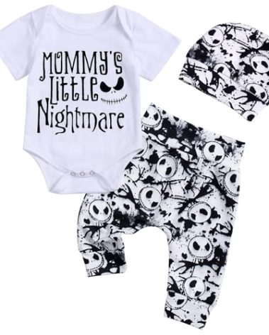 Night Christmas Baby Mommy's Little Nightmare Letter Print Bodysuit Pants and Hat Outfit Set Newborn to Infant 0-3 months