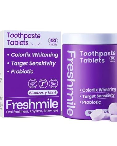 Freshmile Whitening Toothpaste Tablets with Nano-Hydroxyapatite (NHA) Purple Toothpaste for Teeth Whitening Fluoride-Free, for Sensitive Teeth & Gums, Travel-Friendly Tabs (60 Count)