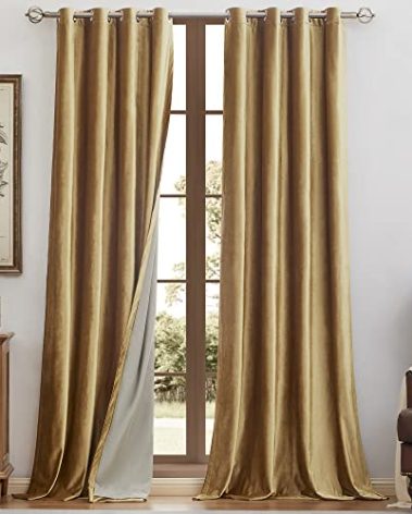 BULBUL 100% Blackout Velvet Window Curtains Gold 96 inch Long， Room Darkening Curtains Heavy Thermal Insulated Grommet Livingroom Window Drapes with Black Liner 2 Panels Set