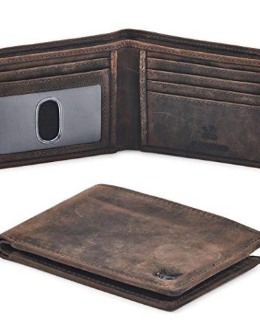 Real Leather Mens Bifold Wallet RFID Blocking Slim Minimalist Front Pocket - Thin & Stylish with ID Window in Gift Box (Crazy Horse, Coffee)