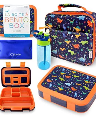 kinsho Bento Lunch Box with Insulated Bag, Water Bottle&Ice Pack Set for Kids Toddlers,5 Portion Sections, BPAFree Removable Tray, PreSchool Kid Toddler Daycare Lunches, Snack Container,Blue Dinosaur