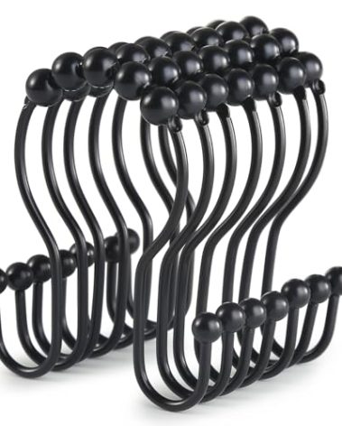 Goowin Shower Curtain Hooks, 12 Pcs Shower Curtain Rings, Stainless Steel Black Shower Curtain Hooks, Shower Curtain Rings Rust Proof, Smooth Sliding Anti-Drop Double Shower Rings for Curtain (Black)