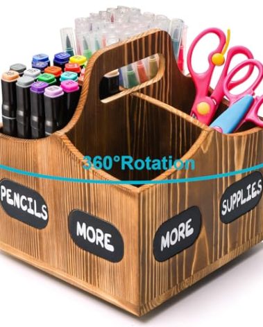 Covzoe Wood Rotating Pen Holder, 360 Degree Spinning Art Supply Organizer with Handle, 4 Slots Lazy Susan Desktop Organizer, Makeup Storage Caddy for Pencil Art Brush School, Home, Office