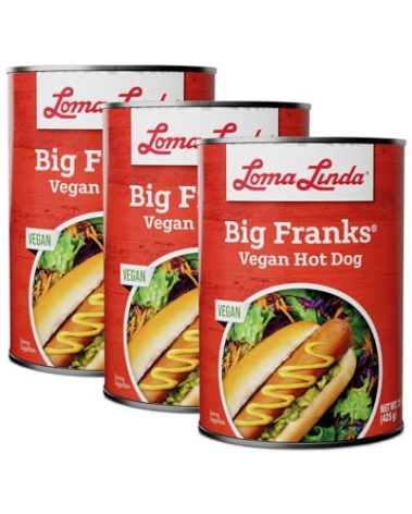 Vegan Hot Dogs Plant Based - Loma Linda Big Franks Meatless Sausages, High Protein Meat Alternative, Vegetarian Frankfurters, Non-GMO, Ready to Eat, 15 oz Cans (Pack of 3)