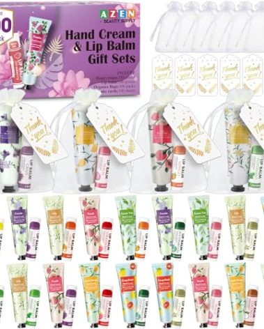 AZEN 100 Sets Bulk Gifts, Hand Cream and Lip Balm Bulk Set with Organza Bag Thank You Card, Baby Shower Wedding Gifts for Guests, Bridal Wedding Favors for Guests, Thank You Gifts for Women