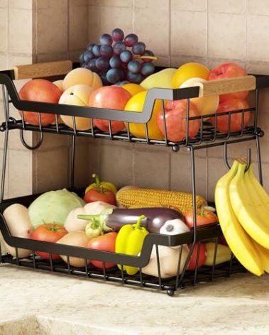 GILLAS 2 Tier Countertop Fruit Basket with 2 Banana Hangers for Kitchen, Detachable Metal Organizer for Bread Vegetable Fruits with Wooden Handle, Large Capacity Rectangular Storage Stand Bowls, Black