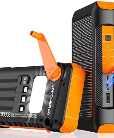 OOPOWEROO Solar Power Bank 20000mAh Built in Hand Crank and 4 Cables 22.5W Fast Charge Power Bank 5 Outputs & 5 Inputs Solar Portable Charger, SOS/Strobe/Strong Flashlights, Carabiner (Orange)