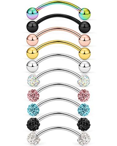 Lcolyoli 20g Surgical Steel Tiny Curved Eyebrow Barbell Ear Navel Belly Ring Piercing Jewelry for Women Men 10mm 3/8 inch Crystal Shiny Ball Spike 10 Pieces Silver-Tone Rose Gold Black