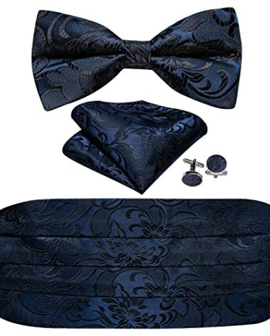 YOHOWA Dark Blue Black Cummerbund Bow Tie for Men Floral Silk Pre-Tied Bowtie Handkerchief Cufflinks Set Formal Wedding Party Prom