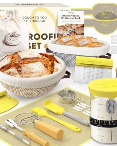 Sourdough Starter Kit with Cotton Rope Banneton Basket & Jar, Bread Baking Supplies and Tools Set, Complete Sourdough Bread Making Kit, Baking Gift for Women Moms & Beginners