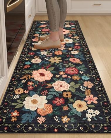 DUKINO 2x6 Runner Rug for Hallway, Washable Kitchen Runner Rug with Non Slip Backing, Low Pile Soft Boho Floral Runner for Kitchen, Hallway, Entryway, Laundry, Bedroom, Black