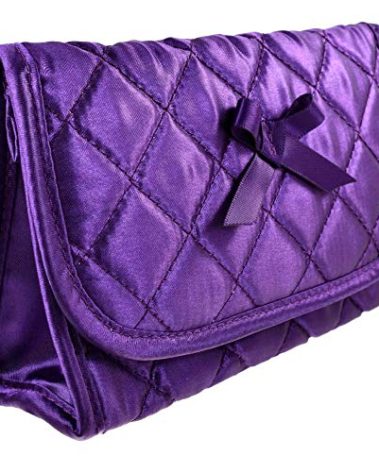 TropicaZona Travel Portable Purse Size Makeup Case Cosmetic Bag with Mirror, Quilted Satin Purple