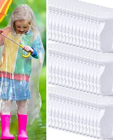 100 Pcs Disposable Rain Ponchos Bulk for Kids Emergency Ponchos with Hood Plastic Raincoat for Girls Boys Traveling Camping Hiking Amusement Parks Outdoors Activities