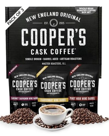 Wine Barrel Aged Coffee Gift Box Set, Sampler Roasted Coffee Costa Rica, Kenya, & Rwanda Beans Aged In Cabernet Sauvignon, Chardonnay, & Pinot Noir Wine Barrels, Medium Roast Whole Bean, 4 oz Bags, 12 oz Total