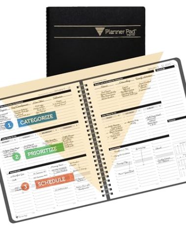 Planner Pad Spiral Bound January-December 2025/ Calendar Year 6 3/4" x 8 1/2" Medium 3-Tier Funnel Down 12 Month Organizer, Black Cover/Black Ink