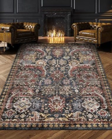 RUGSURE Washable Area Rugs - Perfect for Living Room, Bedroom, Kids Room, Nursery - Stain & Water Resistant Non-Slip, Pet & Child Friendly, Vintage Tribal Area Rugs (Rust, 5' x 7')