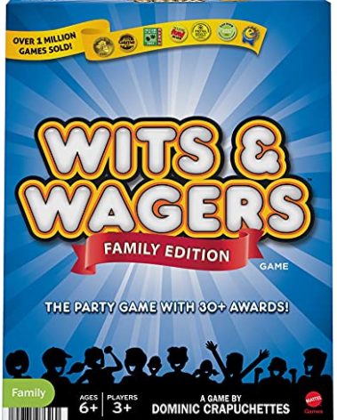 Mattel Games Wits & Wagers Board Game Family Edition for Kids and Adults with Dry Erase Boards, Markers & Question Cards