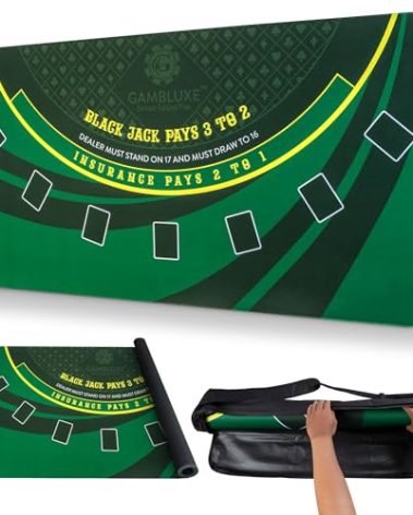 GAMBLUXE 70" X 35" Blackjack Mat - Smooth, Water-Resistant, and Non-Slip Blackjack Table Mat Made of 3mm Rubber - Get Your Blackjack Games Going Anywhere with The Included Carrying Bag (Green)