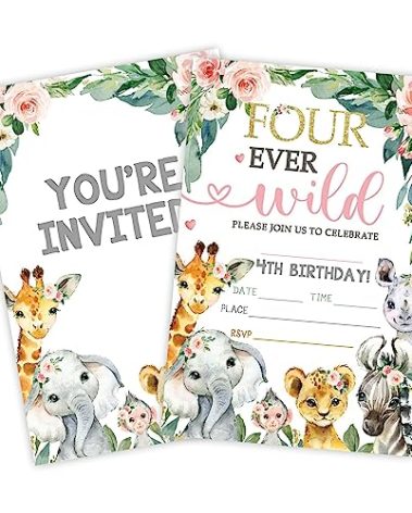 Four-Ever Wild Birthday Invitations, Jungle Animals 4Th Birthday Party Invite Cards（20 Count) With Envelopes, Fill In Style Invite Cards For Boys & Girls, Birthday Party Supplies-C07