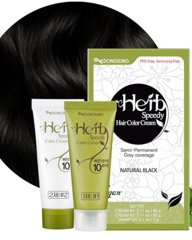 DONGSUNG Herb Speedy Permanent Color Cream (Natural Black, 1 Pack), PPD-Free Ammonia-Free Vegan Hair Dye with Sun Protection, Odorless, Gentle for Sensitive Scalp, No Eye or Scalp Irritation