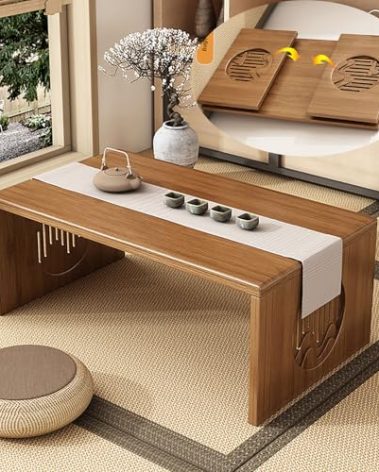 Japanese Floor Table Foldable Solid Wood Japanese Folding Table, Portable Bamboo Folding Coffee Table Low Tatami Table, No Assembly Japanese Style Low Tea Table for Sitting on The Floor Easy Storage