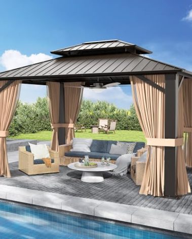 SOLUMIA 10’x12’ Hardtop Gazebo, Galvanized Steel Double Roof Canopy with Aluminum Frame, Outdoor Pavilion with Nettings and Curtains