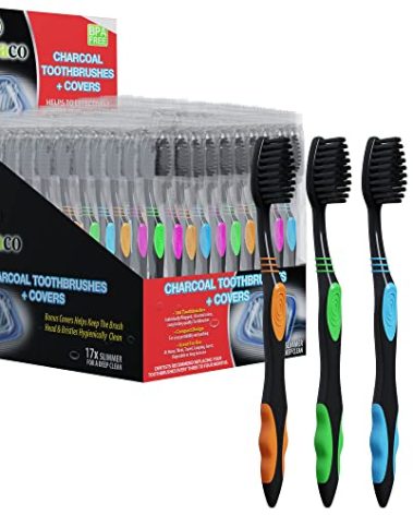 natraco Charcoal Bulk Toothbrushes Individually Wrapped - Deep Clean Charcoal Infused Soft Bristle – Multi Colored Tooth Brush with Covers - for Travel, Kids, Family, Dental Care Etc. 100 Count