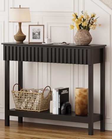 Trironsun Fluted Console Table with 2 Drawers Narrow Sofa Table with Open Storage Shelf Modern Behind Couch Tables Long Entryway Table for Foyer Hallway