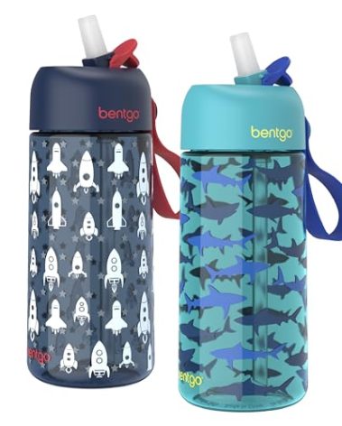 Bentgo Kids Water Bottle 2-Pack - Leak-Proof, Durable Tritan, BPA-Free 15 oz. Cup for Kids/Toddlers Ages 3+, Safe Sip Spout, & Dishwasher Safe for School/Sports/Daycare/Camp (Rocket/Shark)