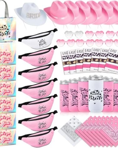 ShinyMatch 49 Pcs Cowgirl Bachelorette Party Favors Set Bachelorette Cowgirl Hats Bridesmaid Fanny Pack Can Sleeves Hair Ties Paisley Bandanas Heart Glasses Tote Bags for Bridal Shower