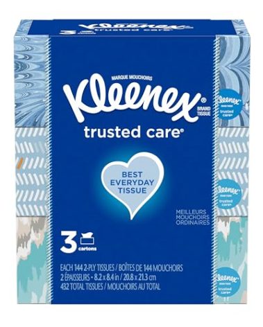 Kleenex Trusted Care Facial Tissues, 3 Flat Boxes, 144 Tissues per Box (432 Total Tissues)