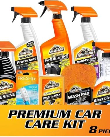Armor All Premier Car Care Kit, Includes Car Wax & Wash Kit, Glass Cleaner, Car Air Freshener, Tire & Wheel Cleaner (8 Piece Kit)