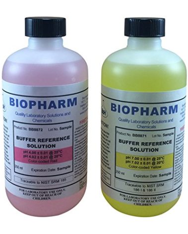 pH Buffer Calibration Solution Kit 2-Pack — one pH 4.00 (red) and one pH 7.00 (Yellow), Each 250 mL (8.4 fl oz) — NIST Traceable Reference Standards for All pH Meters