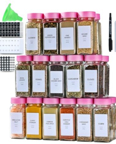 24 Glass Spice Jars with Label-4oz Spice Containers with Lids and Shaker Lids,3 Sets of Spice Labels 1 Collapsible Funnel 2 Erasable Markers (24)