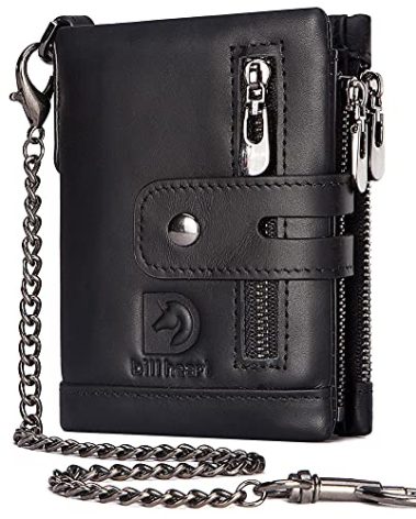 Mens Wallet with Chain Genuine Leather Purse RFID Blocking Bifold Double Zipper Coin Pocket with Anti-Theft Chain