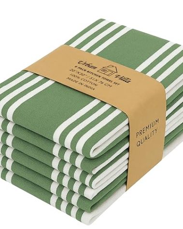 Urban Villa Kitchen Towels (20x30 Inches 6 Pack) Extra Large Premium Dish Towels for Kitchen Green & White Dish Cloths Highly Absorbent 100% Cotton Kitchen Hand Towels with Hanging Loop Tea Towels