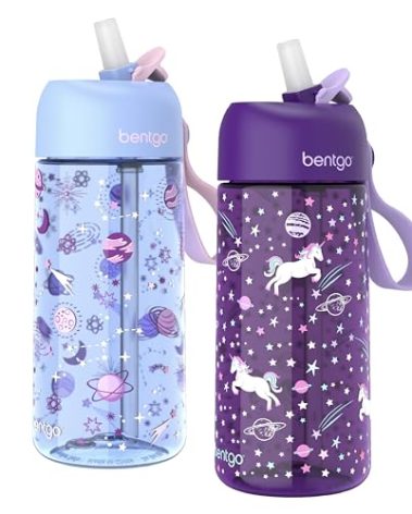 Bentgo Kids Water Bottle 2-Pack - Leak-Proof, Durable Tritan, BPA-Free 15 oz. Cup for Kids/Toddlers Ages 3+, Safe Sip Spout, & Dishwasher Safe for School/Sports/Daycare/Camp (Unicorn/Lavender Galaxy)