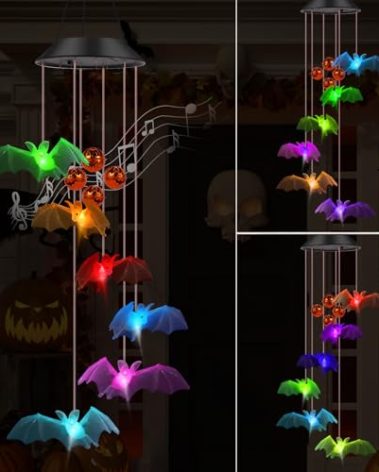 Bat Solar Light Wind Chimes for Outside Halloween Decoration, Color Changing Halloween Lights Wind Chimes with Pumpkin Bells,Bat Solar Chimes Outdoor Waterproof for Garden Patio Yard Porch Party Decor