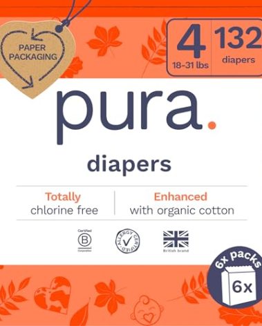 Pura Sensitive Skin Baby Diapers | Size 4 (18-31 lbs) | Hypoallergenic, Totally Chlorine Free, Fragrance Free, Up to 12-Hour Leak Protection | 6 Packs of 22 (132 Diapers)