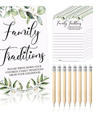 Fumete 61 Pieces Baby Shower Games Include 1 Family Traditions Standing Sign and 50 Family Traditions Activities Cards with 10 Pencils for Baby Shower Party Decor(Greenery)