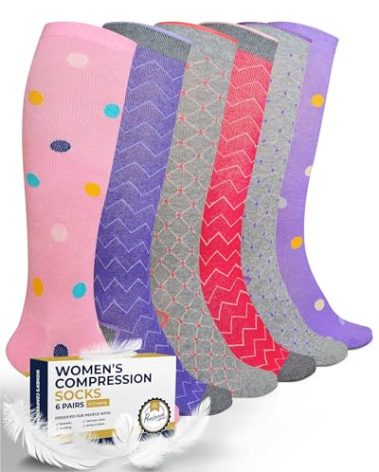 Pembrook Light Compression Socks for Women - 6 Pairs | 8-15 mmHg | Polkadots, Zigzag, Crisscross | Soft, Graduated