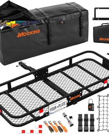 Mockins 60"x20"x6" Heavy Duty Trailer Hitch Cargo Carrier w/License Plate Holder & 16 Cu.Ft. Waterproof Cargo Bag for Hitch Carrier | All-Weather 500 Lbs. Cap Folding Luggage Rack for SUV Car & Truck