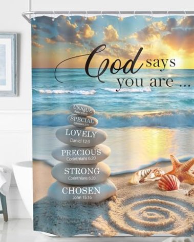 KOMLLEX Beach Christian Shower Curtain 60Wx72H Ocean Bathroom Decor Hawaiian Coastal Bible Verse Sea Waves Stone Scripture Starfish Shell Motivational Quotes Fabric Waterproof Polyester 12 Pack Hooks